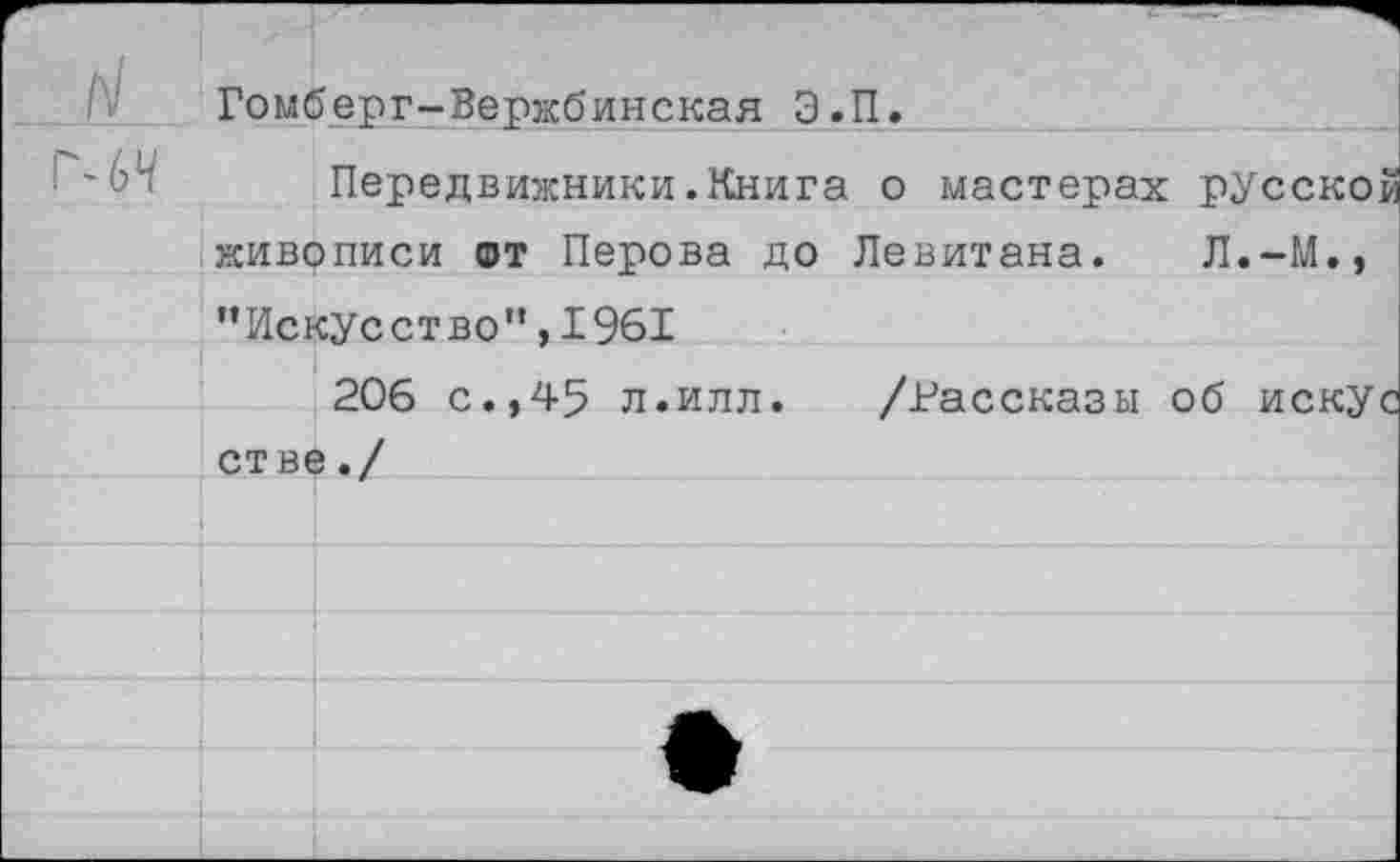 ﻿Гомберг-Вержбинская Э.П.
Передвижники.Книга о мастерах русской живописи от Перова до Левитана. Л.-М., ’’Искусство”, 1961
206 с.,45 л.илл. /Рассказы об искус